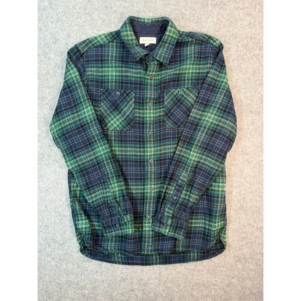 Free Assembly Mens Green Navy Blue‎ Plaid Flannel Button Down Shirt Size Medium
